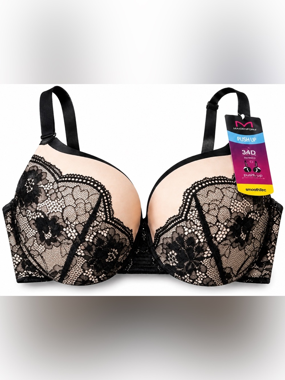 Maidenform 34D Push Up Bra Bundle NWT Black Lace & Smooth 2 Pack
